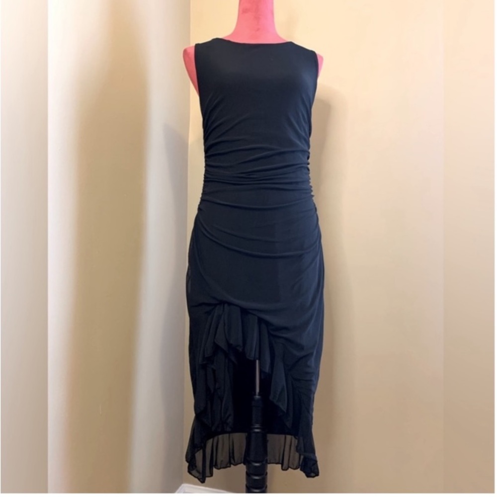 BLACK ASYMMETRICAL RUFFLE HEM RUCHED DRESS - Picture 7 of 12